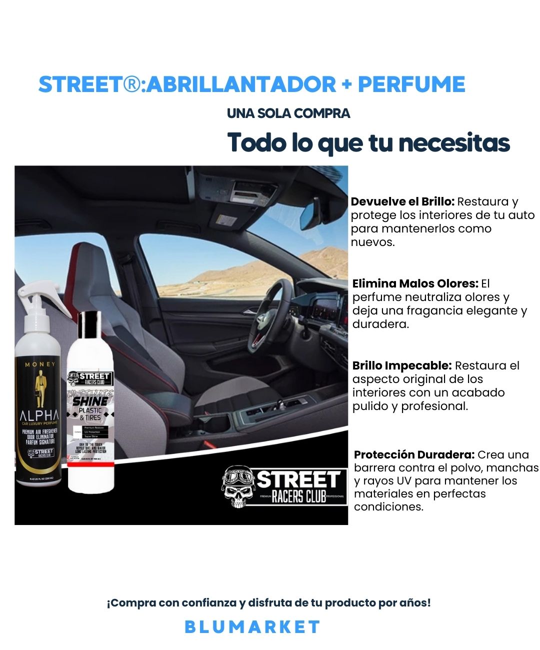 Combo Abrillantador interiores + Perfume auto larga duración